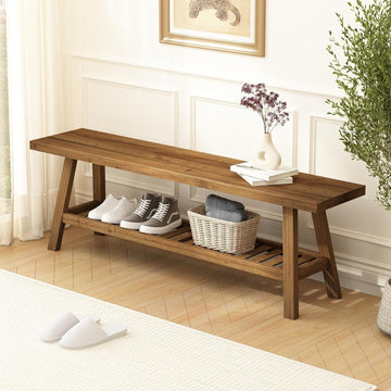 Reclaimed Solid Wood Bench-55 Inches Farmhouse Entryway Bench with Storage Shelf, Narrow Rustic Bench , Dining