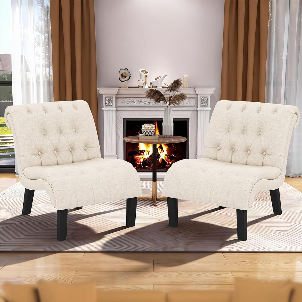 Mid Century Modern Accent Chair, Button Tufted Armless Lounge Chair, Upholstered Linen Side Chair with Solid Wood Legs