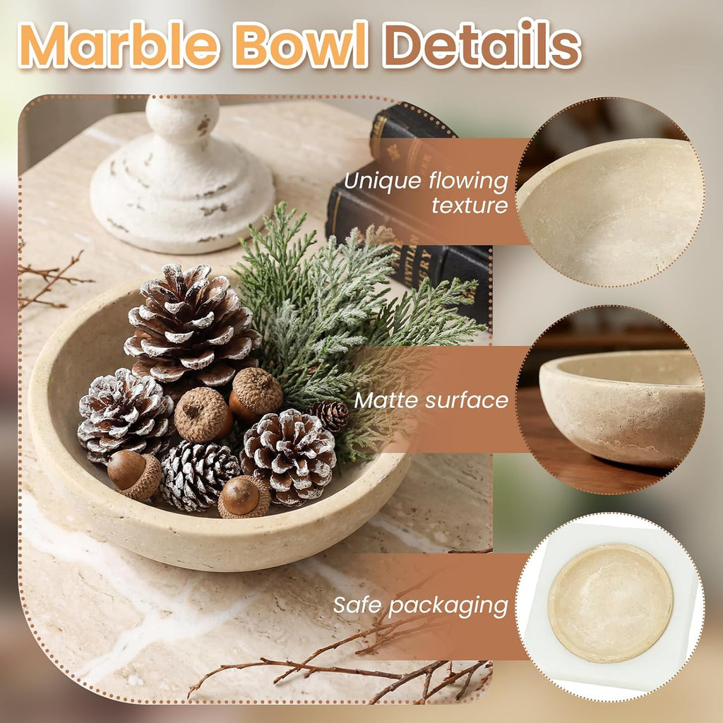 Travertine Marble Bowl & Decorative Bowl, 7.8" Modern Home Decor Key Bowl , Natural Stone Centerpiece for Coffee