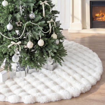 60 in White Faux Fur Christmas Tree Skirt, 3D Quilted Plush Snow Tree Skirt