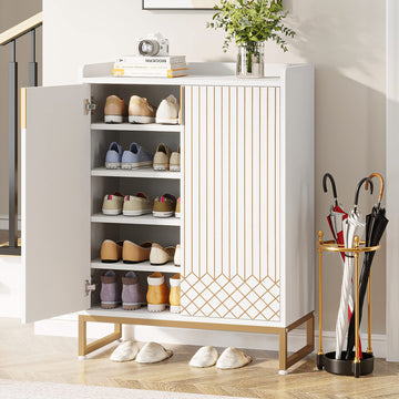Shoe Cabinet with Doors, 5 Tiers Shoe Storage Cabinet, 25 Pairs Wooden Shoe Cabinets, Modern Shoe Organizer Storage