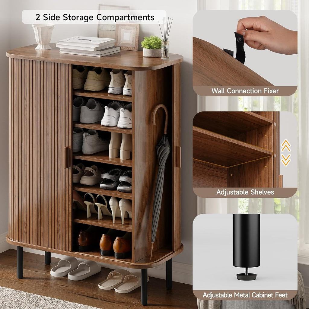 6-Tier Shoe Cabinet with Sliding Door, Wooden Shoe Storage Cabinet with Adjustable Shelves, Mid-Century Modern