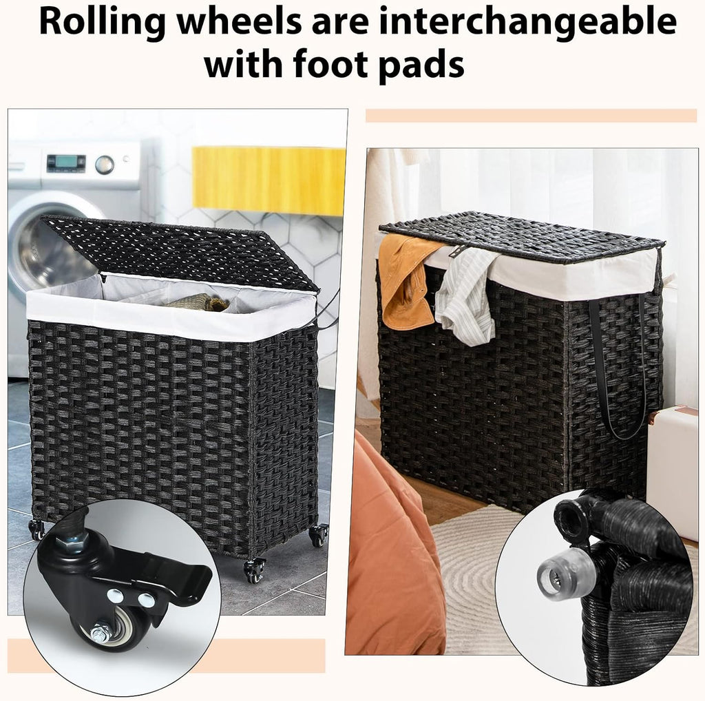 Laundry Hamper with Wheels and Lid, 125L Rattan Clothes Hamper with 2 Removable Liner Bags & Handle, 3-Section