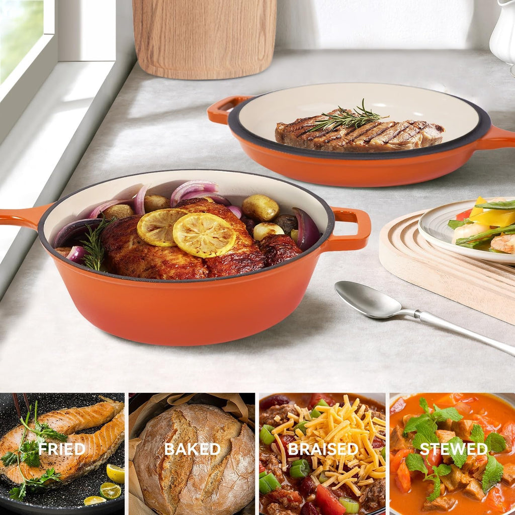 2 in 1 Dutch Oven & Skillet Combo, 3QT Enameled Cast Iron Dutch Oven Pot with 1.5QT Skillet Lid, Versatile Pots for