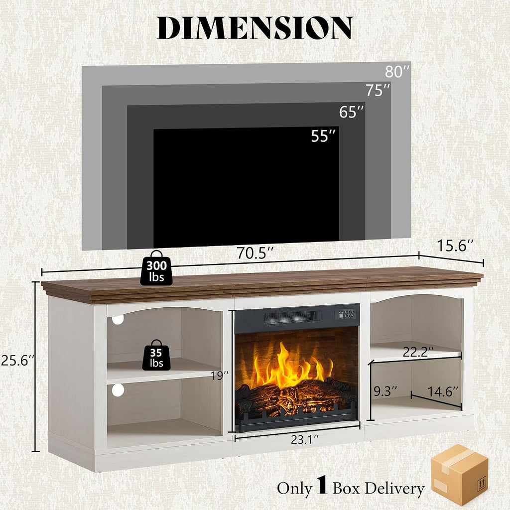 70" Farmhouse Fireplace TV Stand for TVs up to 80", Entertainment Center with 23" Fireplace, Open Shelves, One-Box