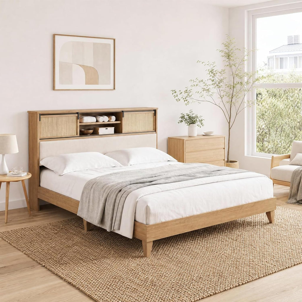 Queen Solid Wood Bed Frame with Storage Headboard, Rattan Upholstered Bookcase Headboard with Sliding Doors &