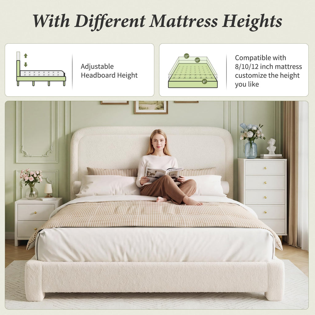 Queen Size Platform Bed Frame, Boucle Upholstered Bed with Adjustable Headboard, Wood Slats, No Box Spring Required