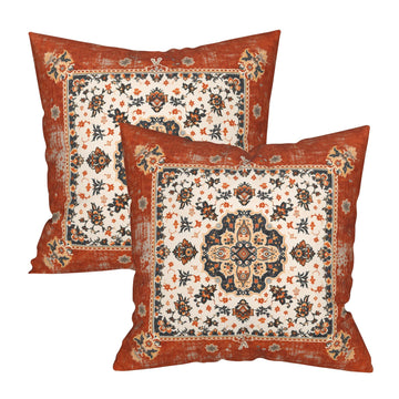 Ethnic Boho Throw Pillow Covers 22x22 Inch Rust Coral Floral Decorative Cotton Pillow Cases Set of 2 Cushion Cover