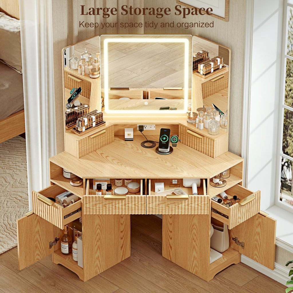 Corner Makeup Vanity Desk with 3 Way Mirror and Lights,48" Large Vanity Table with 6 Drawers & Storage Cabinets