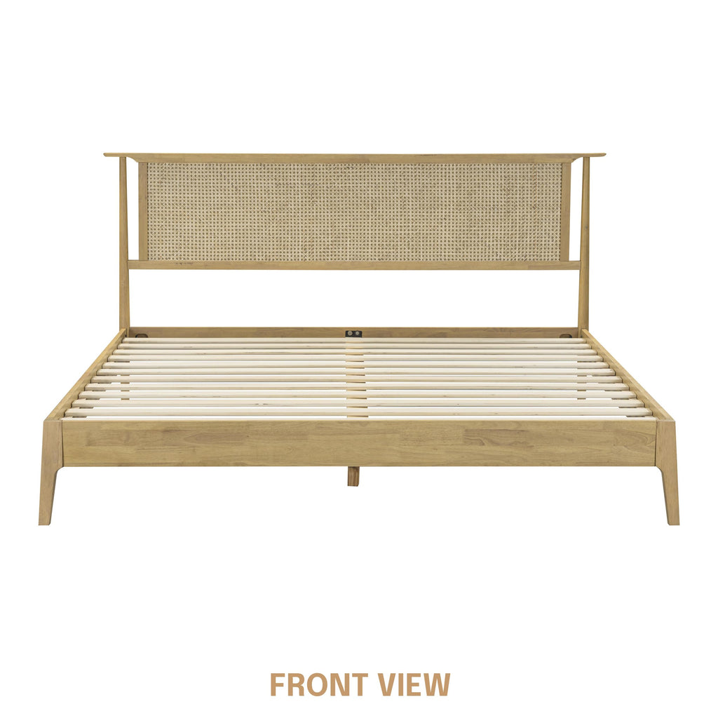 Ruby Wooden Bed Frame with Headboard and Natural Rattan, Solid Oak Foundation with Silent Slats, 1000 Lb Capacity