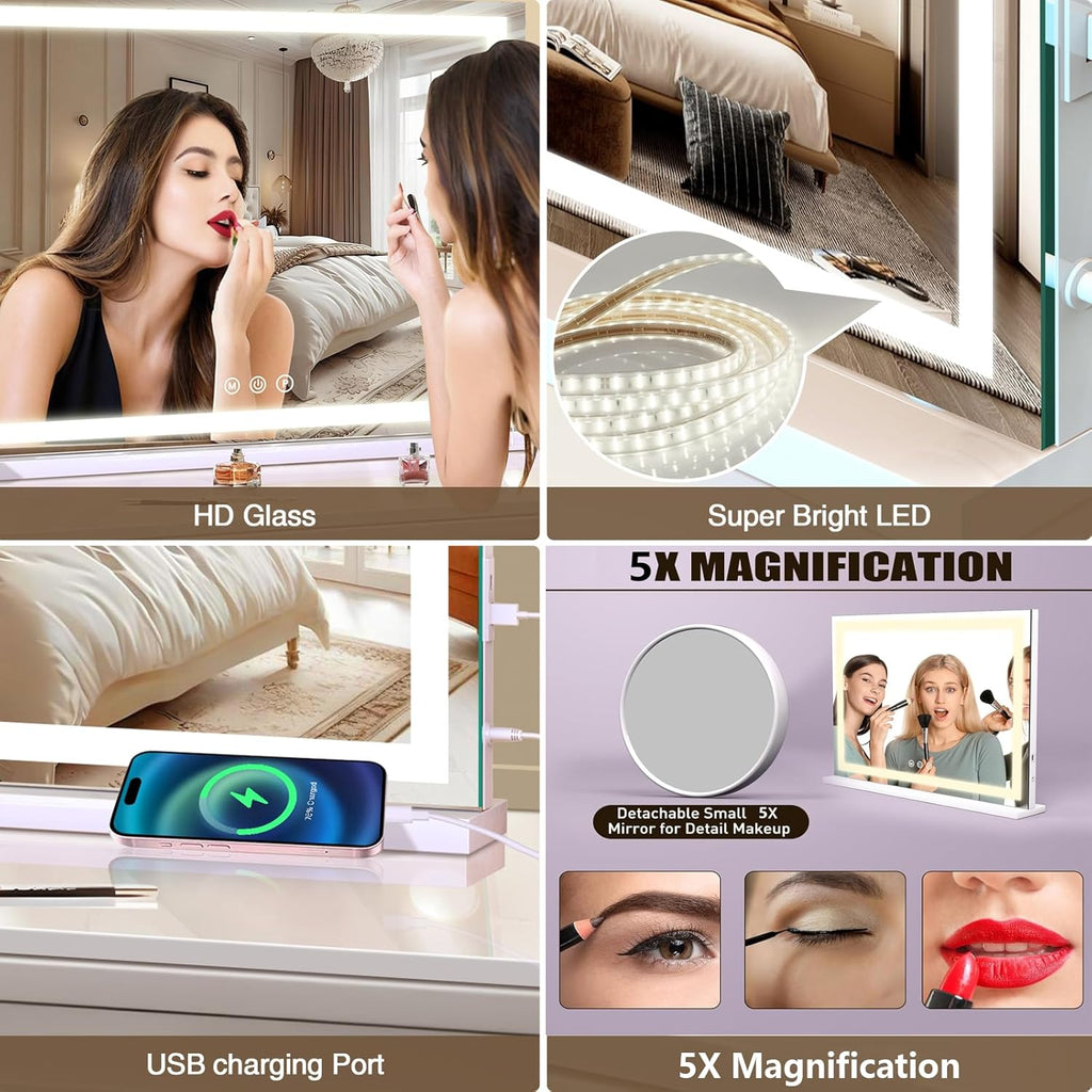 Large Lighted Vanity Mirror, 23" x 19" Light Up Make up Mirror with Smart Touch 3 Colors Dimmable, Tabletop or Wall