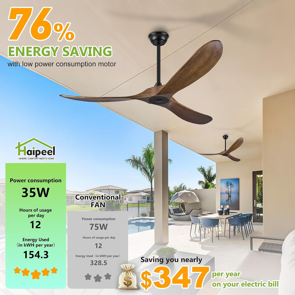 52 Inch Outdoor Ceiling Fan Without Light, 3 Blade Propeller Wood with Remote Control