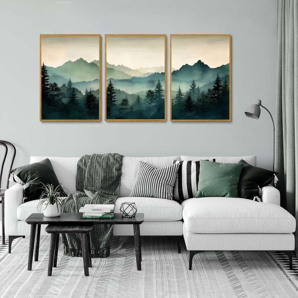 Framed Mountain Wall Art Set of 3 Sage Green Forest Canvas Prints Nature Landscape Watercolor Pictures Wall Decor