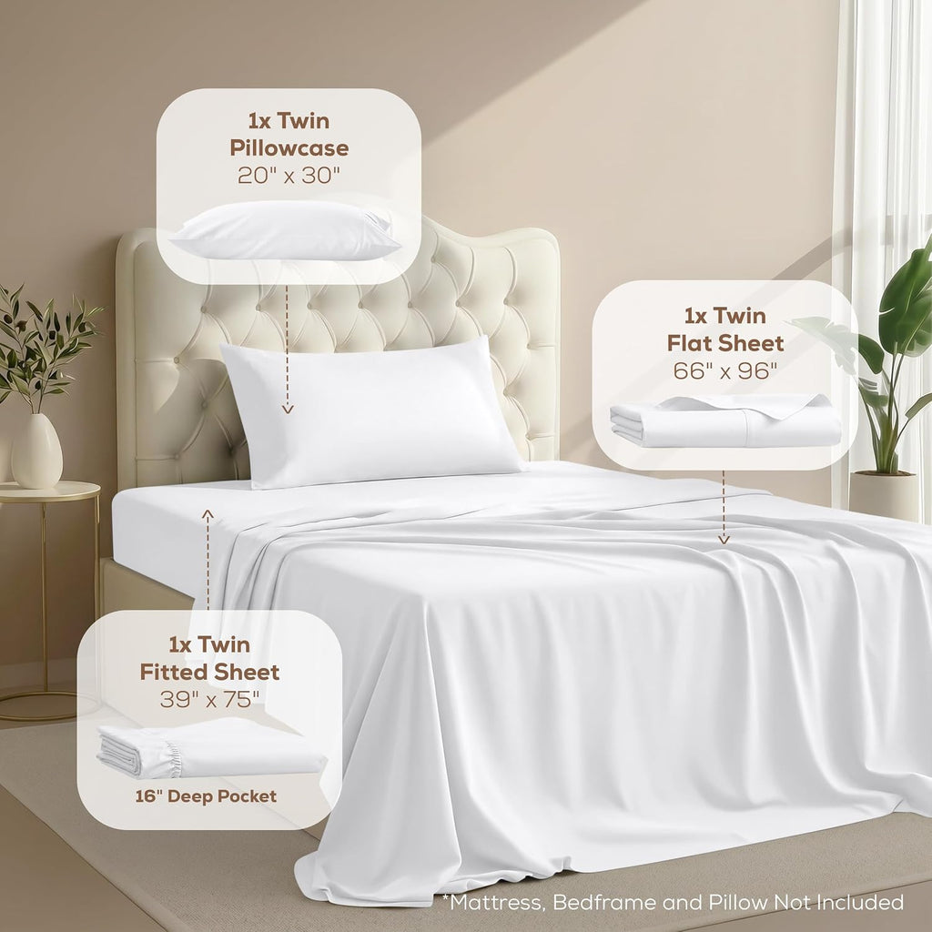 Twin Sheets Set, 3 Pieces 16" Deep Pocket Hotel Luxury Bed Sheets, White - Set of 3