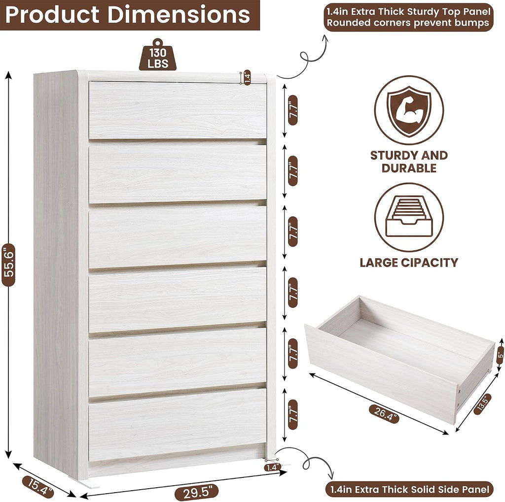 White Dresser , 55.6" Tall Dresser for Closet, Modern Dresser with 6 Drawers, Chest of Drawers Bedroom Furniture