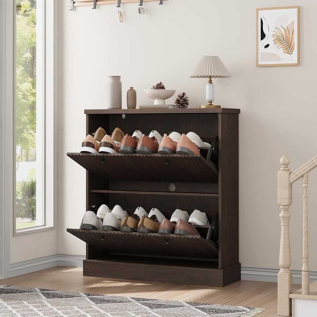 Fluted Shoe Cabinet with 2 Flip Drawers, Narrow Cabinet with Adjustable Shelves and Elegant Handles, Wooden Shoe
