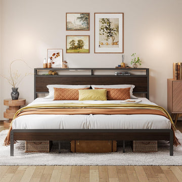 King Bed Frame with Headboard, Dark Wood Camas King with Strong Supports, Sturdy, Noise-Free, No Box Spring Needed