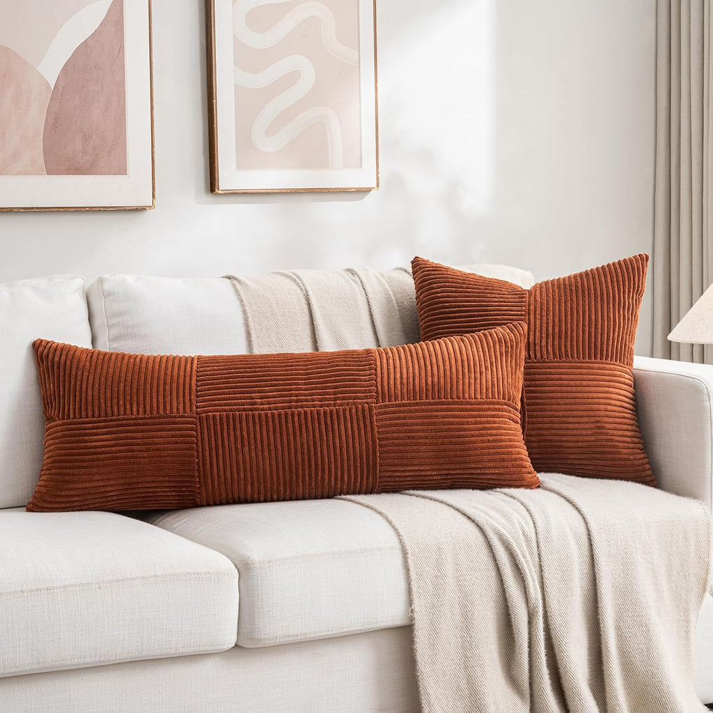 2 Packs Rust Boho Decorative Throw Pillow Covers 18x18 Inch, Farmhouse Fall Home Decor, Soft Corss Corduroy Patchwork