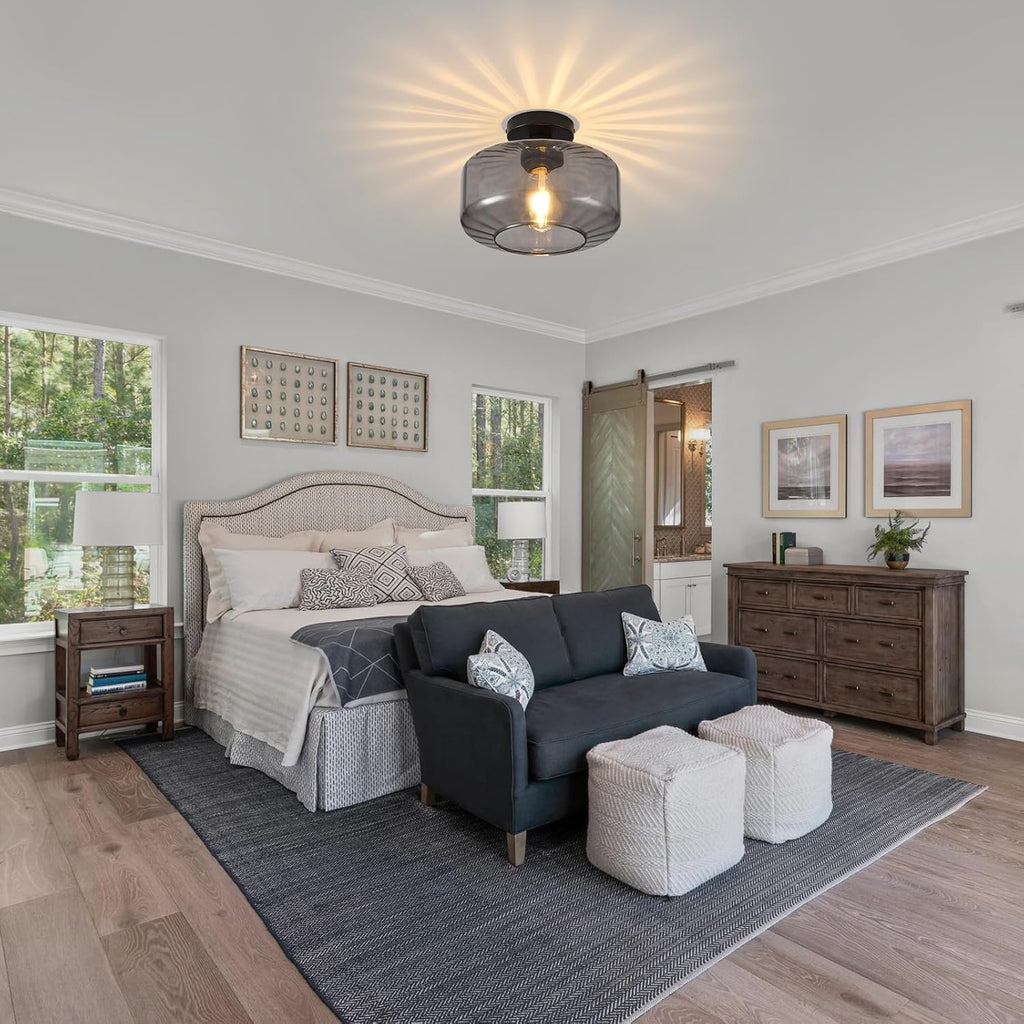 Glass Semi Flush Mount Ceiling Light, Modern Close to Ceiling Light Fixtures with Smoke Grey Glass Shade, Light