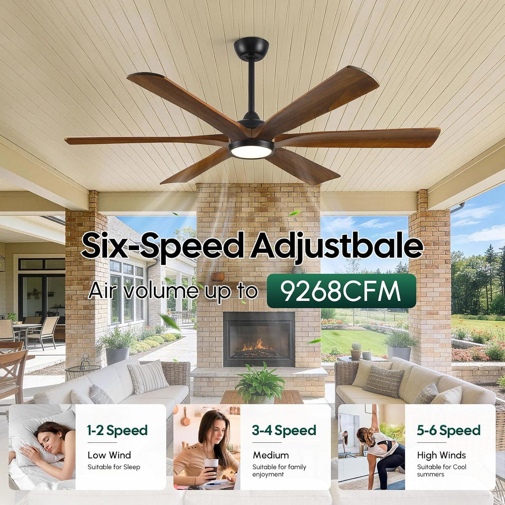72 Inch Smart Outdoor Ceiling Fan with Light, Alexa/Wifi/Remote Control, 6 Solid Wood Blades Damp Rated
