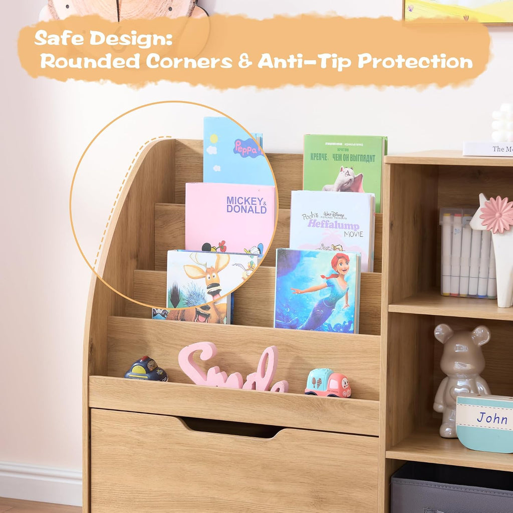 Kids Bookshelf and Toy Storage, Toy Storage Organizers with Movable Drawers & 3 Storage Bins, Kids Reading Nook Toy
