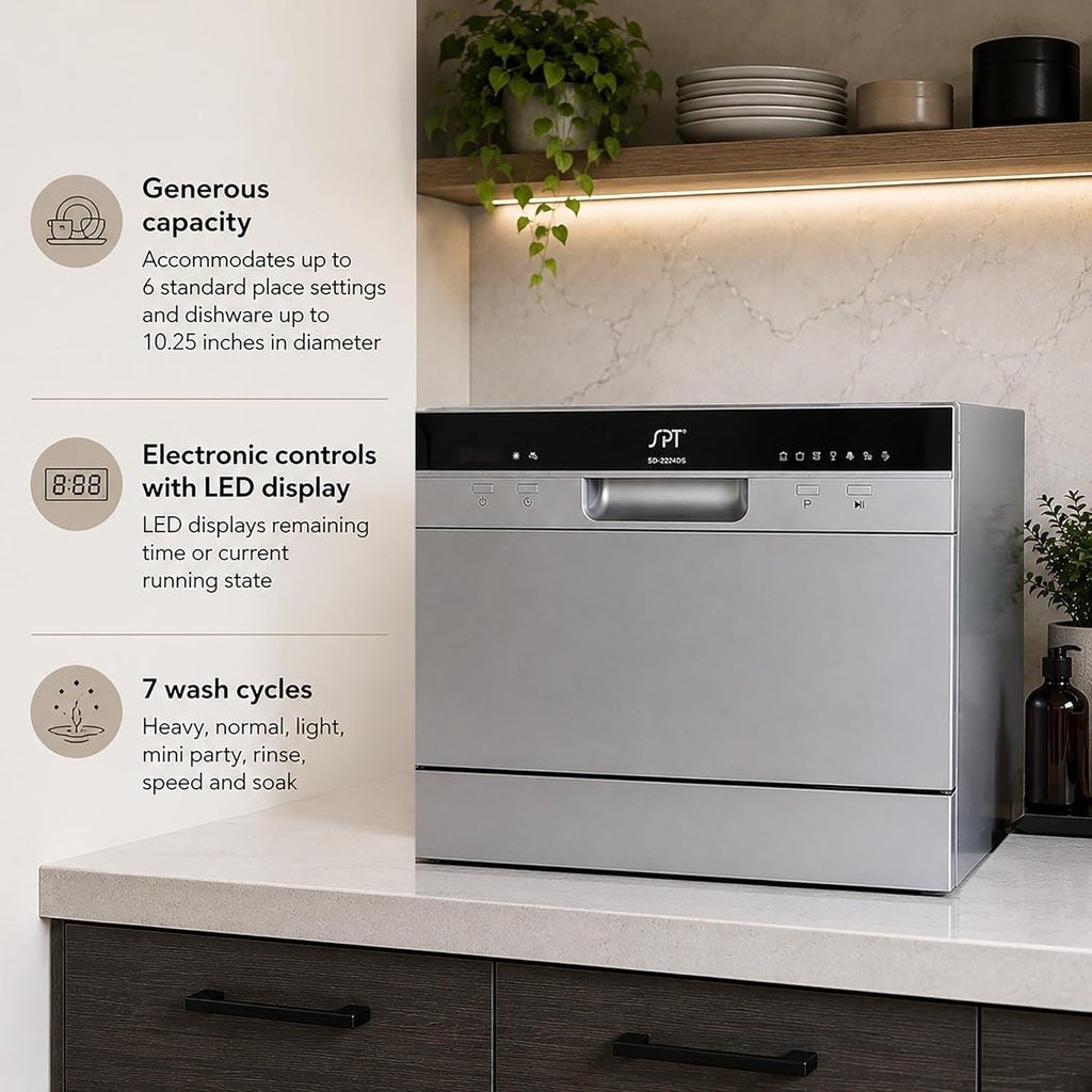 SD-2224DSB: Countertop Dishwasher with Delay Start & LED - Silver