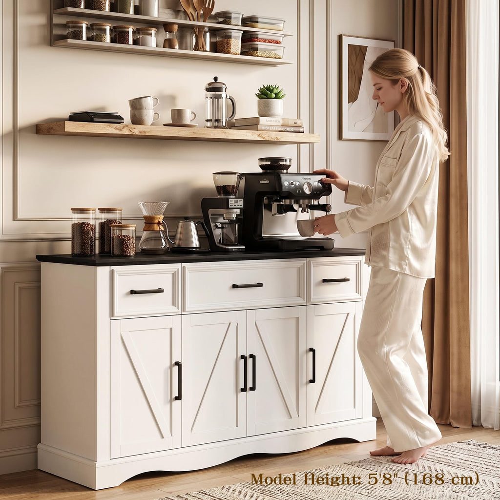 56" Farmhouse White Buffet Cabinet with Charging Station