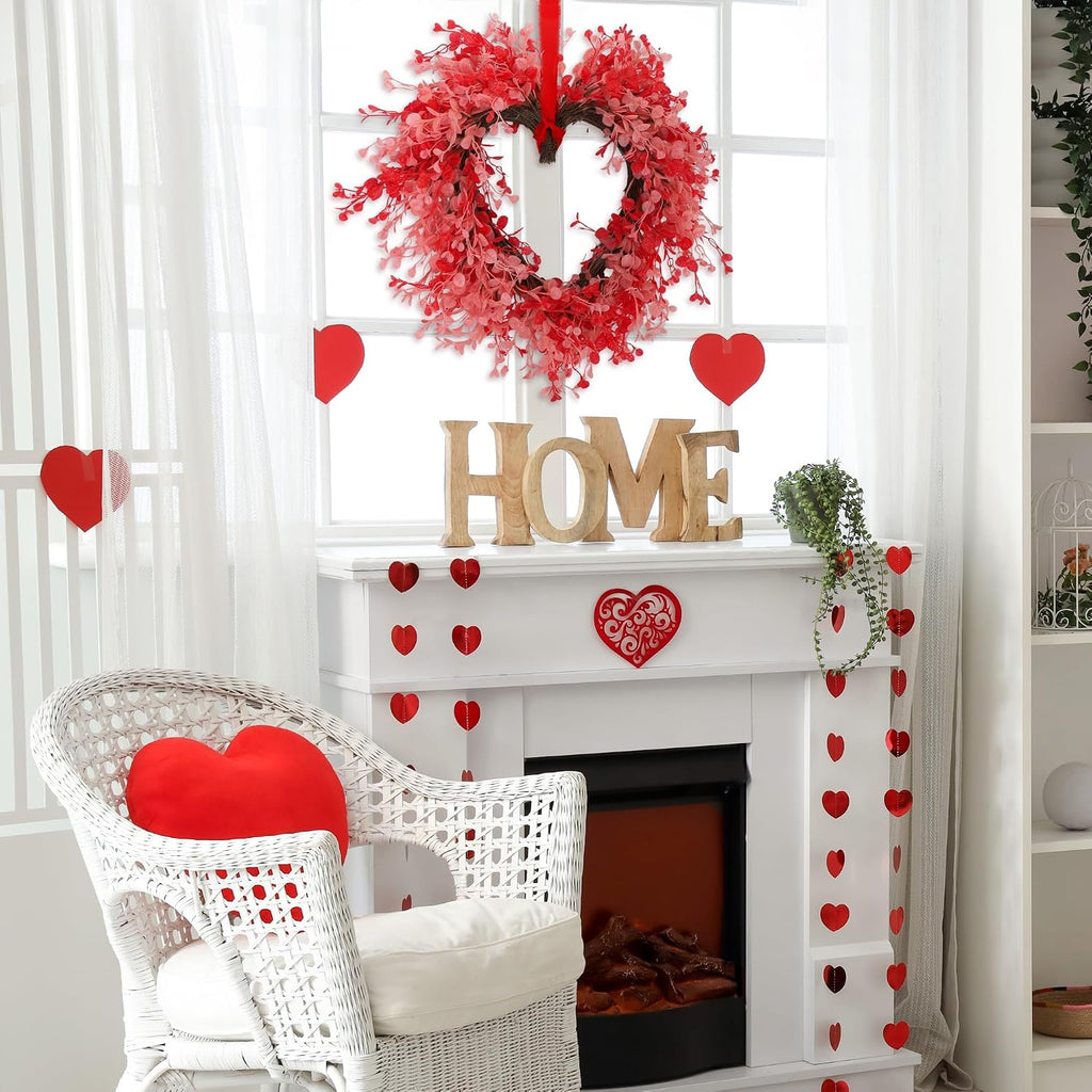 Valentine's Day Heart Wreath 22 Inch Red and Pink Artificial Floral Wreath with Ribbon Door Wall Window Hanging Decor - Set of 2