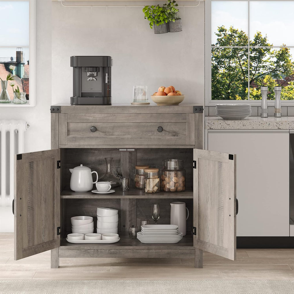 Kitchen Storage Cabinet, Farmhouse Coffee Bar Cabinet, Ash Gray | Small Buffet Cabinet with Doors & Wide Drawer, Wood