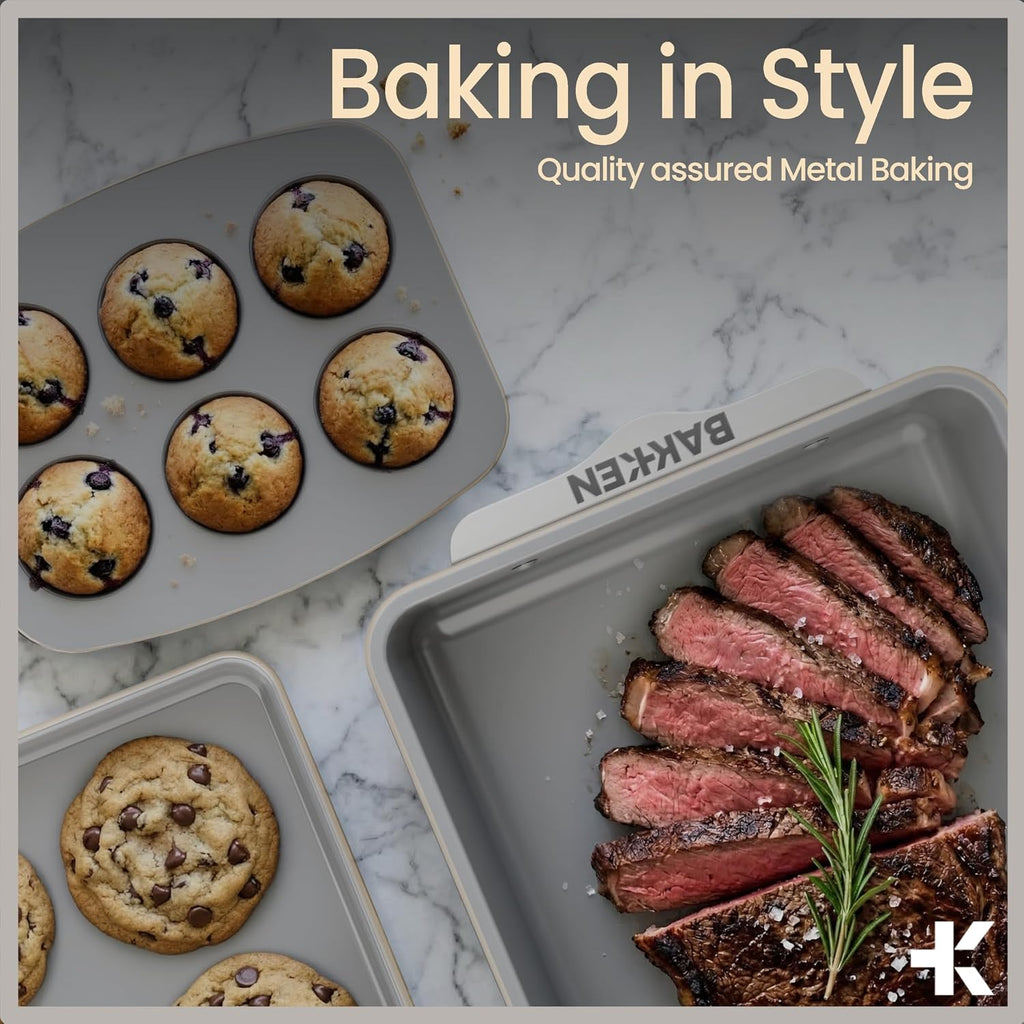 8-Piece Ceramic Coated Bakeware Sets, Nonstick Aluminized Steel Pans with Muffin, Loaf, Cake, Roasting Pan, &