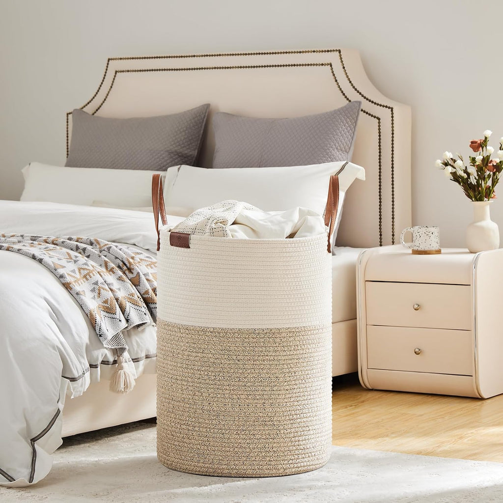 100L Tall Woven Rope Laundry Hamper, Leather Handles, White & Brown | Large Wicker Laundry Basket for Dirty Clothes