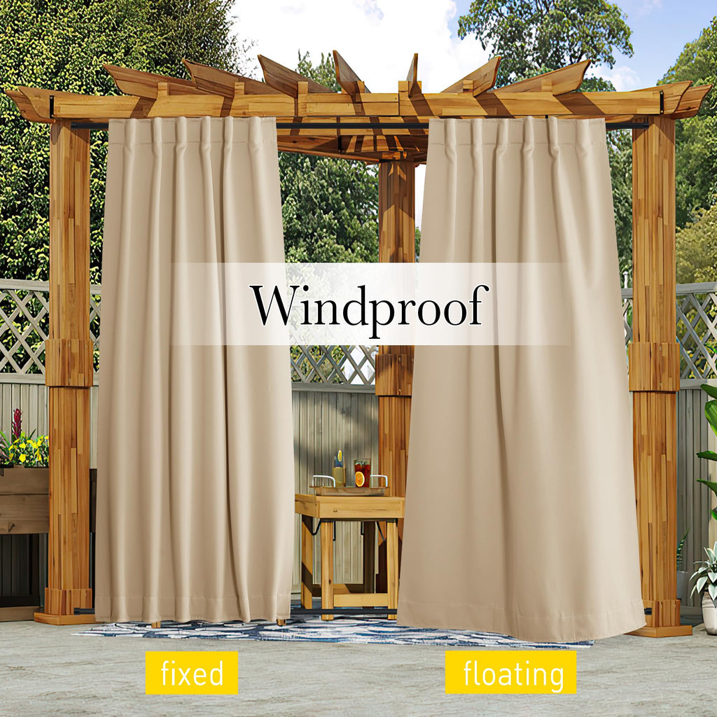 2 Panels Outdoor Curtains Waterproof & Windproof, Pocket & Back Tab on Top & Bottom Weighted Drapes Keep Sun/Rain Out