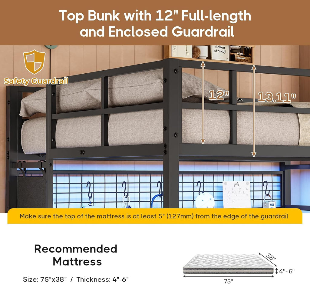 Full Over Twin Bunk Bed with Desk and Charging Station Metal Full Over Twin Bunk Bed with Led Lights,Storage Shelves