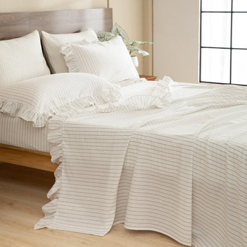 White Grey Stripe Sheet Set, Ruffle, Cotton, 17.5" Deep Pocket
