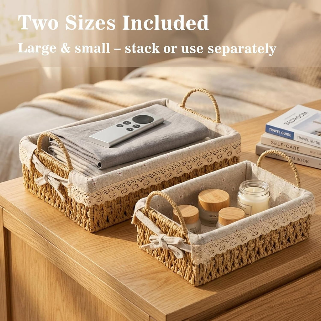 Rectangular Wicker Basket 2-Pack, Small Storage Baskets with Liner | Handwoven paper rope on metal frame. Removable