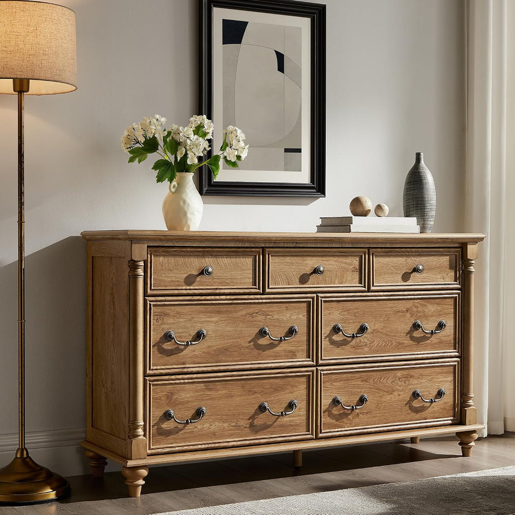 Farmhouse 7-Drawer Dresser with Solid Wood Feet, Light Tree Knot | 4 Solid Wood Feet, Decorative Solid Wood Column