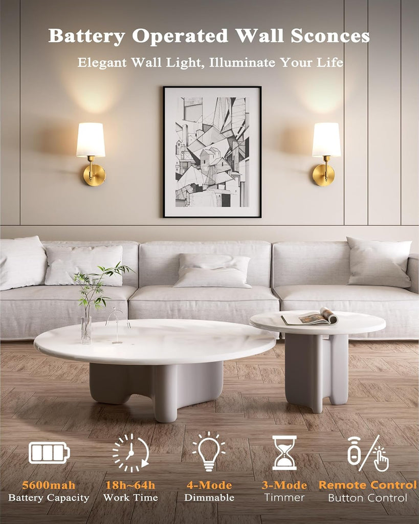 Battery Operated Wall Sconces Set of 2, Wireless Rechargeable Dimmable Wall Light with RGB Bulb and Remote for Bedroom, Living Room, Hallway (Gold)