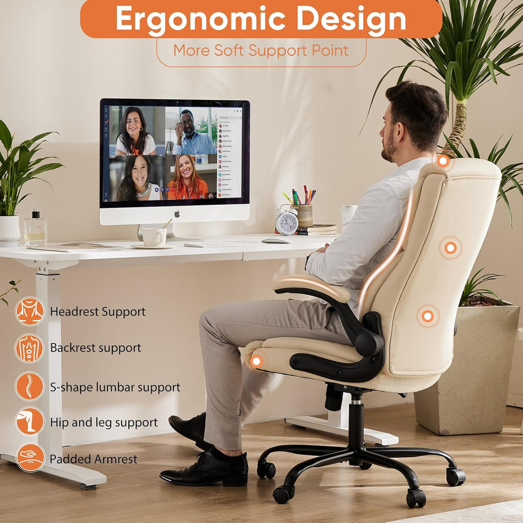Office Executive Chair - Heavy Duty High Back Home Desk Chair with Flip-up Armrest, PU Leather, Height Adjustable & Swivel Rolling with Wheels, Beige