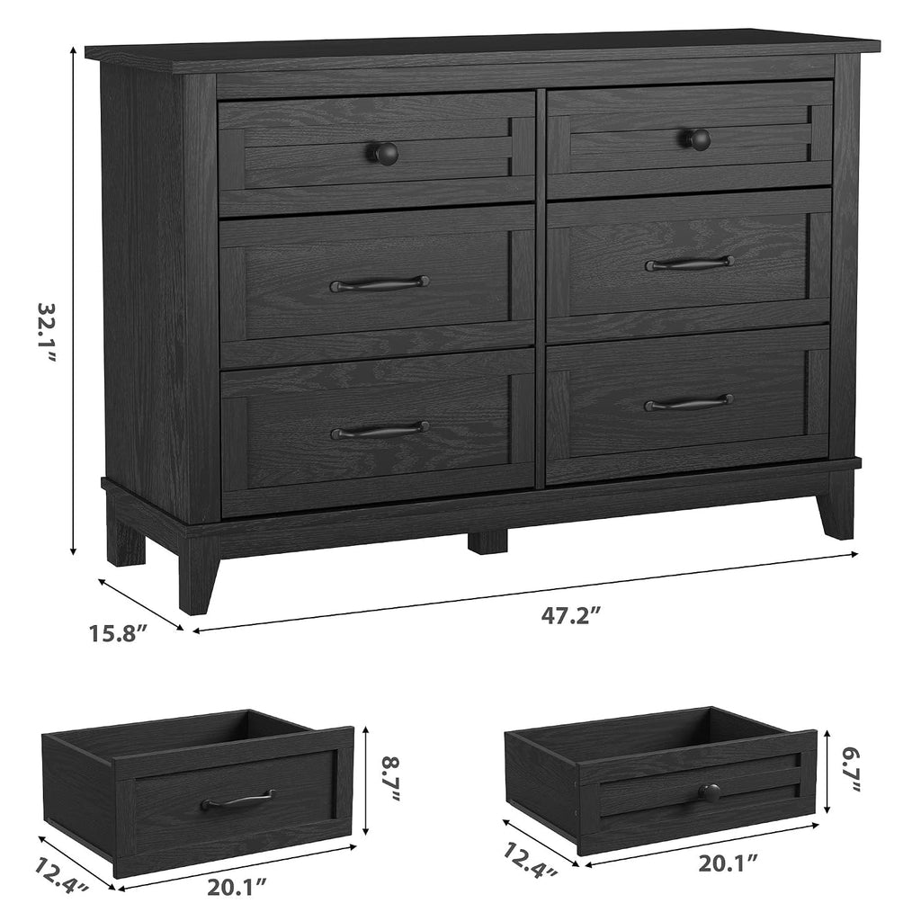 6 Dresser , 47 in Wide Drawer Dresser with Storage Freestanding, Wooden Closet Storage Chest , Dark Black