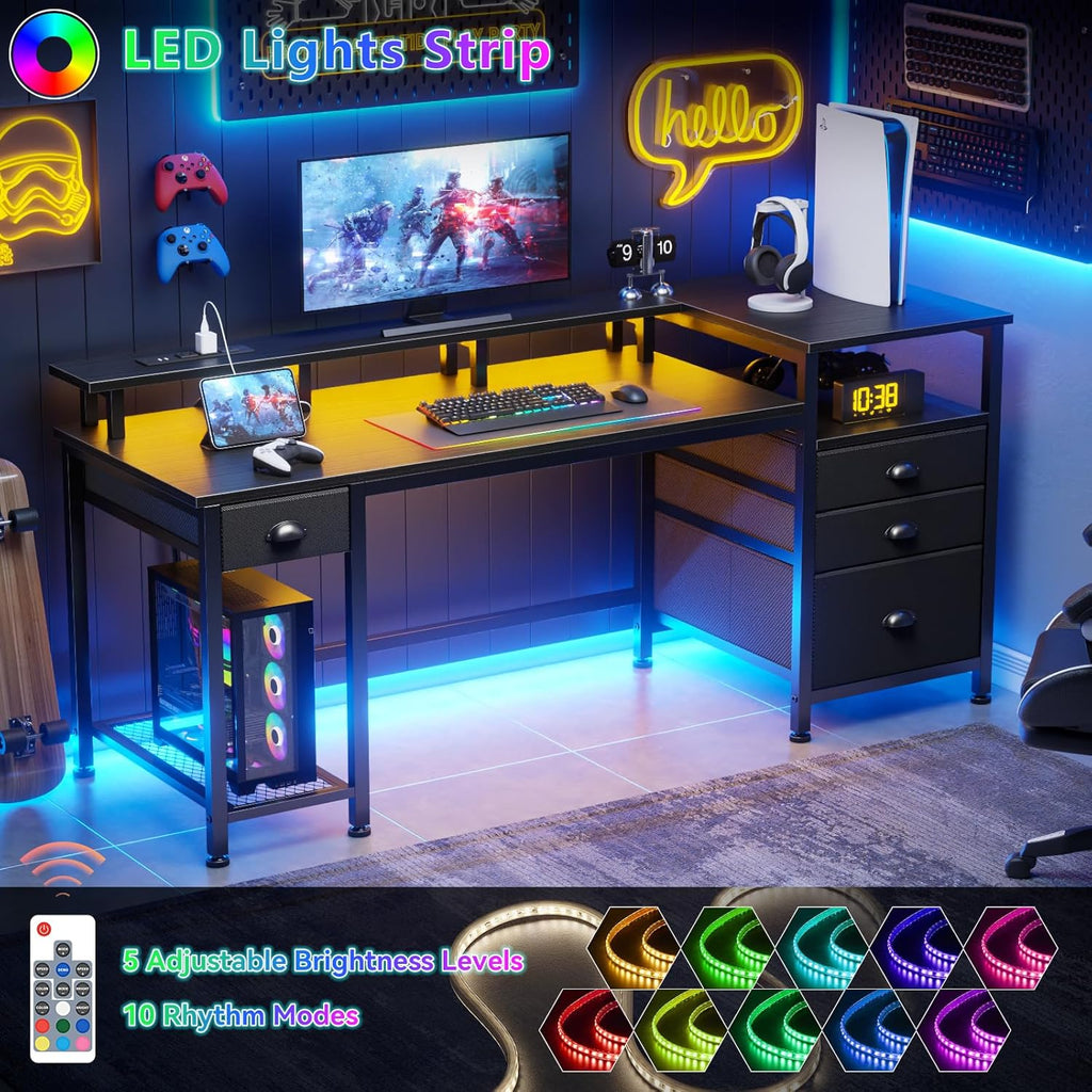 60" Black Computer Desk with 4 Drawers and Printer Space, Gaming Desk with LED Lights and USB Power Outlets