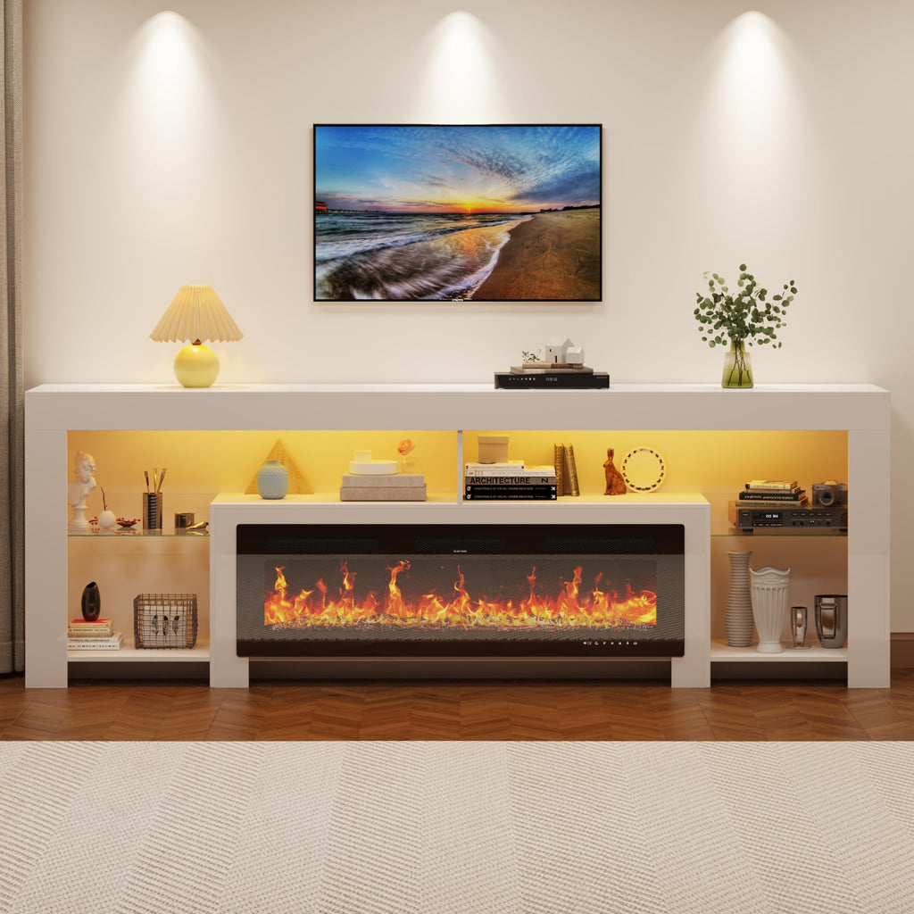 94.5" Extra Long Fireplace TV Stand with 50" Electric Insert, Modern High Gloss Entertainment Center for Up to 100"