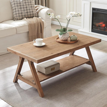 Farmhouse Coffee Table,Solid Wood Center Tables with Storage Shelves & Sturdy A-Shaped Legs