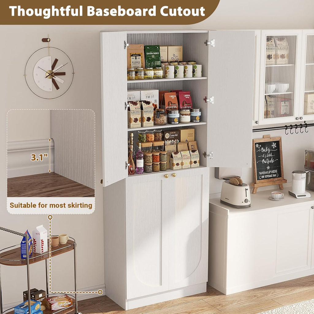 80" Kitchen Pantry, Extra Tall Arch Storage Cabinet with 4 Soft Close Doors and Adjustable Shelves, Freestanding Wood
