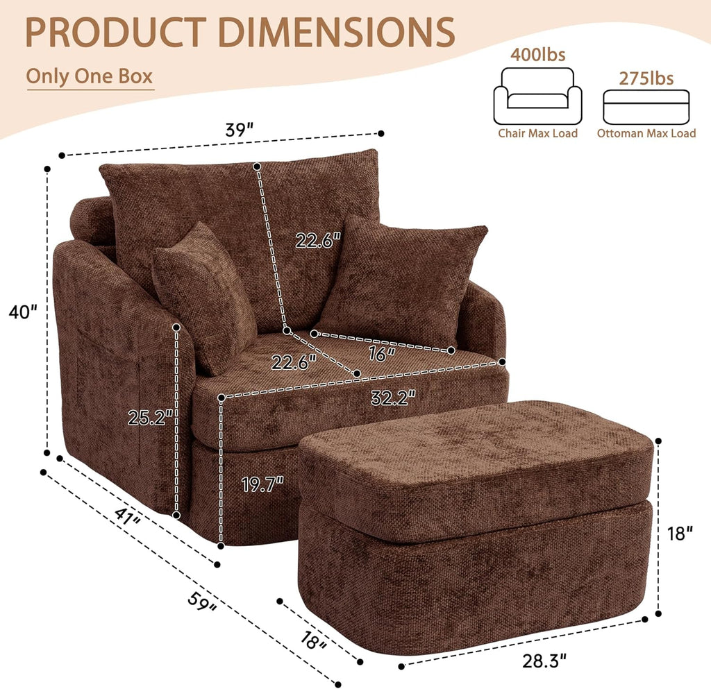 Modern Swivel Lounge Chair and Ottoman — Brown Chenille