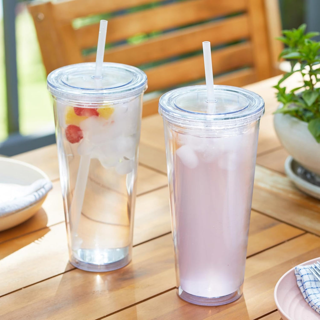 24oz Double Wall Plastic Tumblers with Lids and Straws | Large Classic Travel Tumbler | 6 Pack Set of 6 | Clear