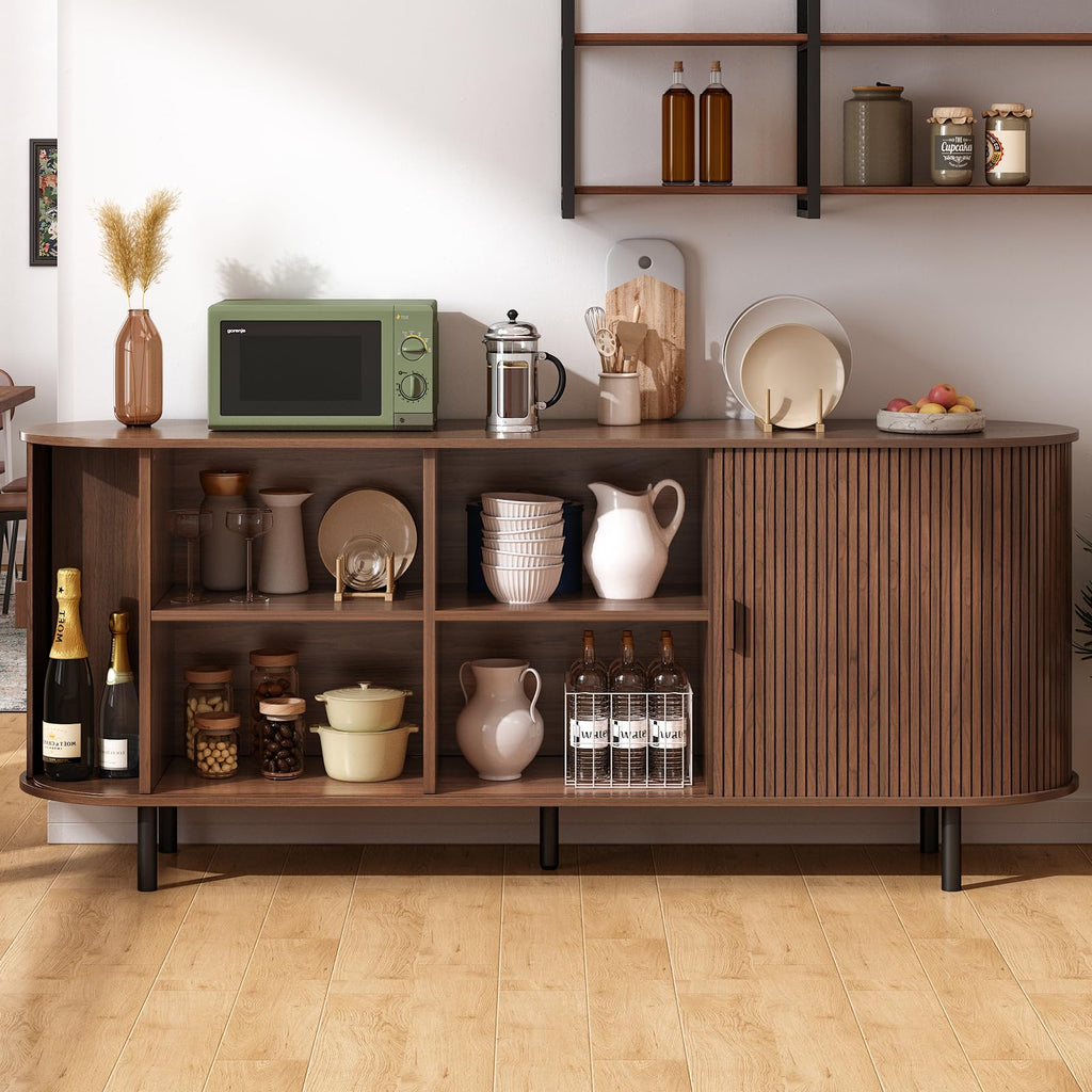 70" Sideboard Buffet Cabinet, Sliding Door/Adjustable Shelf, Walnut