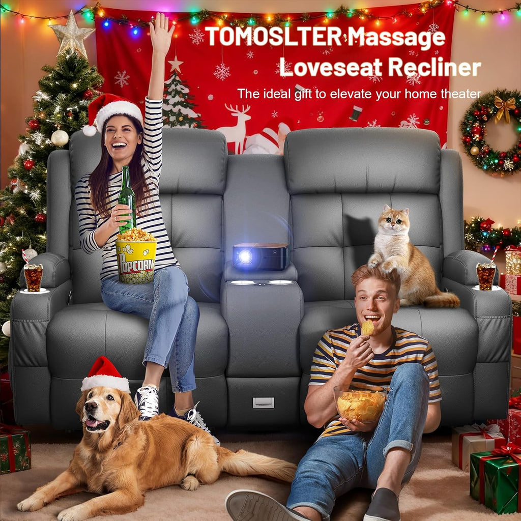 Home Theater Seating Loveseat Recliner Sofa, Massage Reclining Couch with USB, Center Console