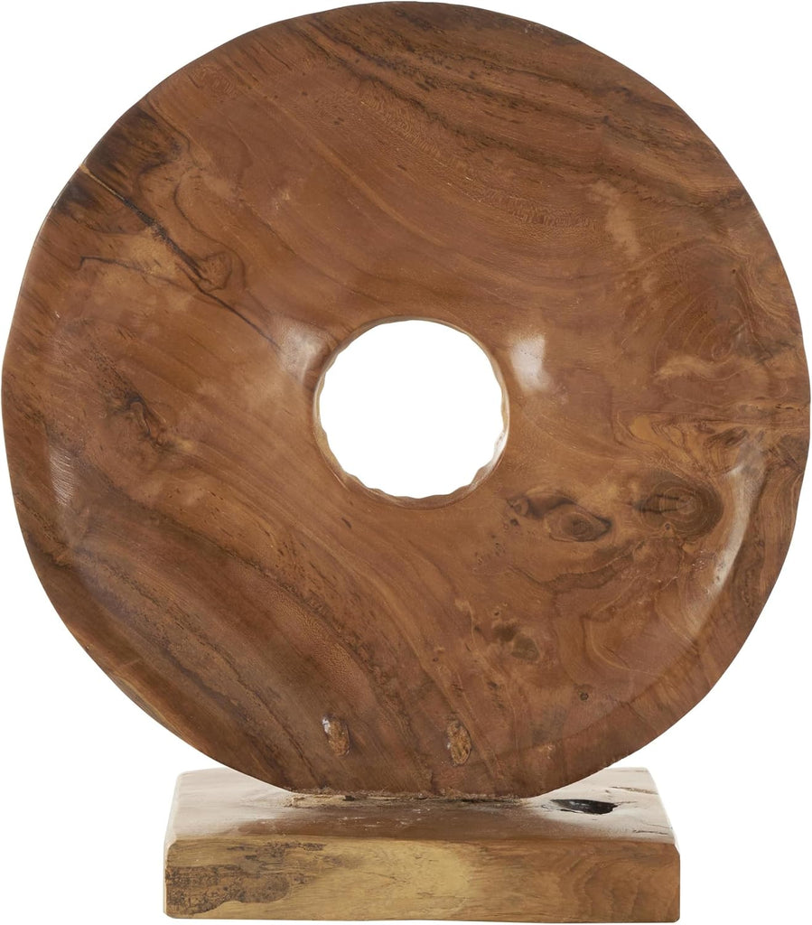79 Teak Wood Abstract Handmade Decorative Sculpture Dimensional Circular Home Decor Statue with Center Cutout, Accent