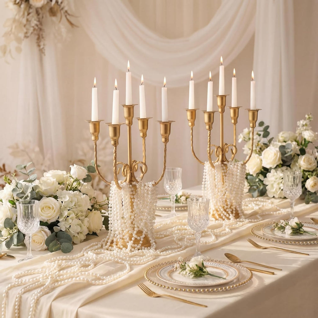 Metal Gold Candelabra Centerpiecedle Stand with 39.3 ft Pearl Chains 11.8'' Tall 5-branch Vintage Taper Candlestick