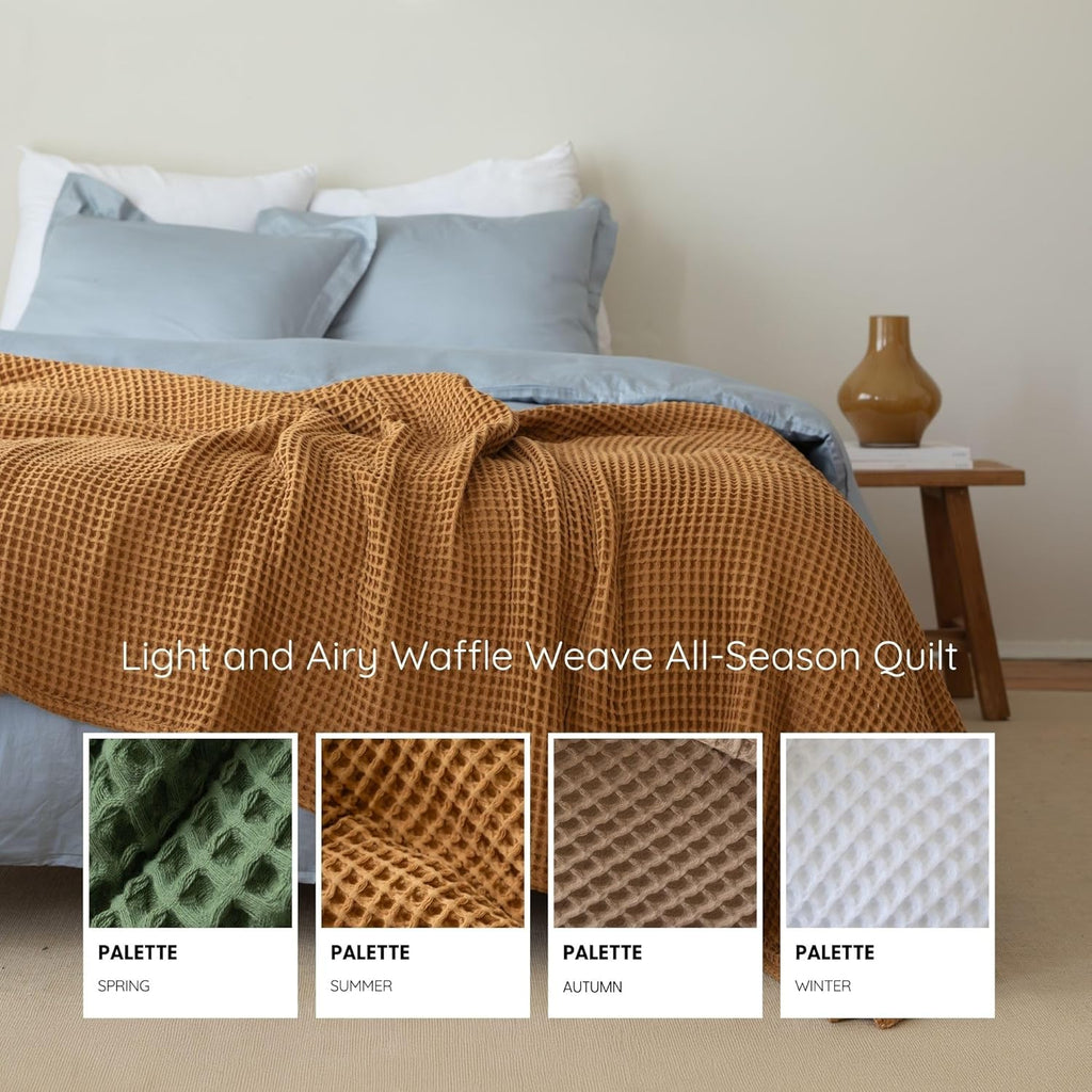 Luxury All Season Waffle Throw Blanket Queen XL Size Caramel - Pure 100% Turkish Cotton Light Airy Blankets